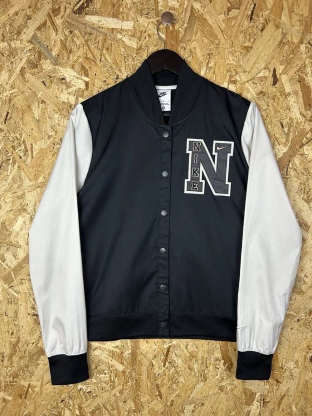 Nike Women’s Varsity Bomber Jacket N Patch Snap Poppers Black White Medium